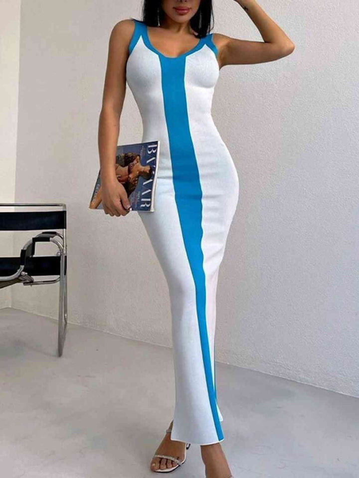 Contrast Wide Strap Slit Midi Dress |1mrk.com