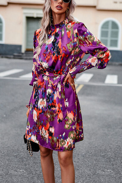 Printed Tie Waist Mock Neck Lantern Sleeve Dress |1mrk.com