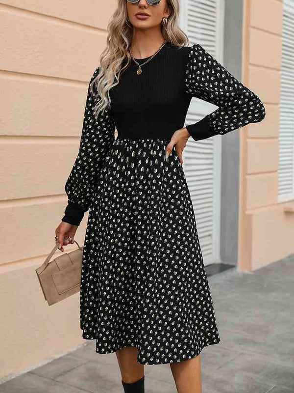 Printed Round Neck Long Sleeve Dress | 1mrk.com