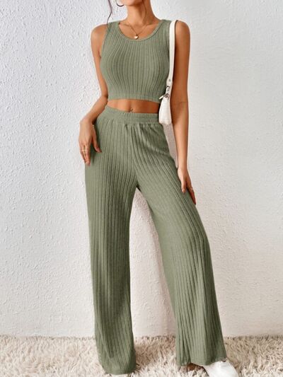 Ribbed Round Neck Tank and Pants Sweater Set |1mrk.com