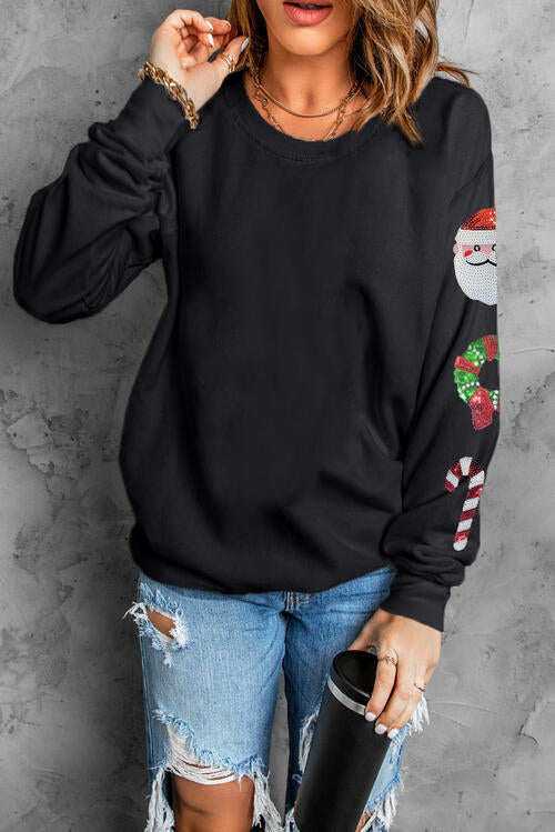 Sequin Christmas Element  Round Neck Sweatshirt |1mrk.com