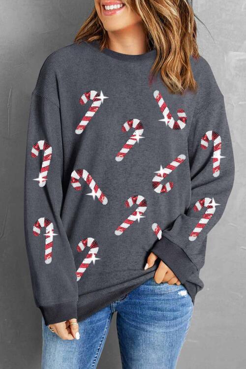 Sequin Candy Cane Round Neck Sweatshirt |1mrk.com