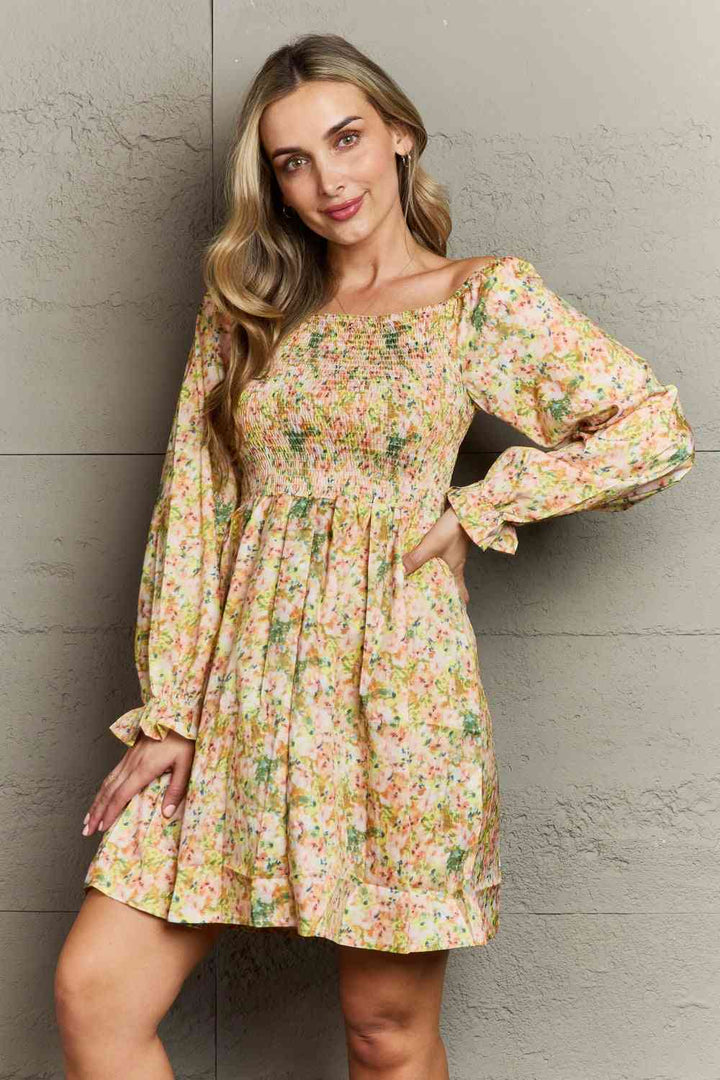 Floral Smocked Square Neck Dress |1mrk.com