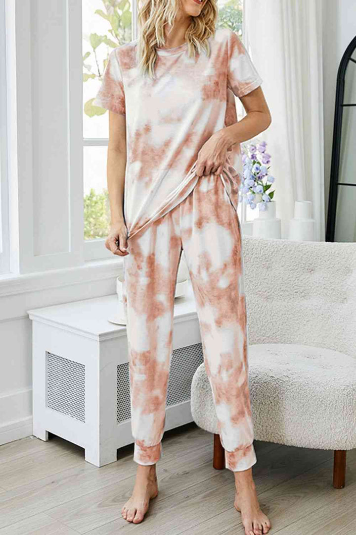 Tie-Dye Round Neck Short Sleeve Top and Pants Lounge Set | 1mrk.com