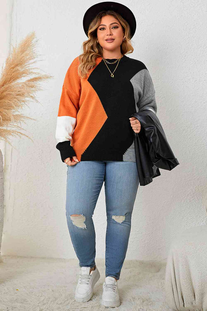 Plus Size Color Block Round Neck Knit Top | 1mrk.com