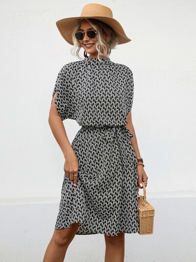 Tied Printed Mock Neck Short Sleeve Dress |1mrk.com