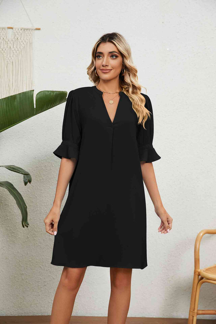 Notched Neck Flounce Sleeve Dress |1mrk.com