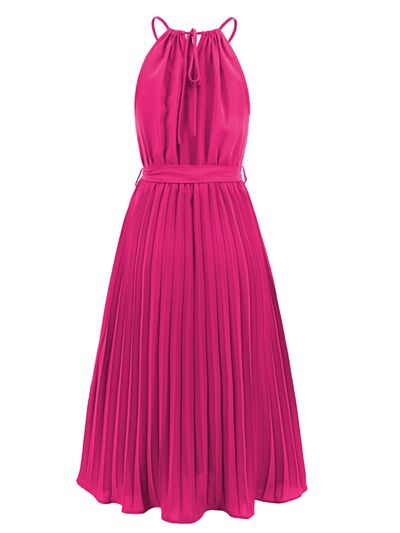 Pleated Spaghetti Strap Tie Waist Midi Dress |1mrk.com