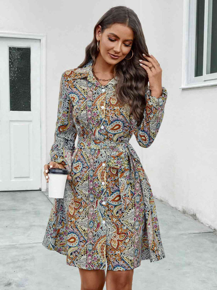 Printed Collared Neck Long Sleeve Dress |1mrk.com