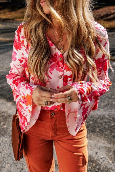 Floral Flare Sleeve Button Up V-Neck Bodysuit | 1mrk.com