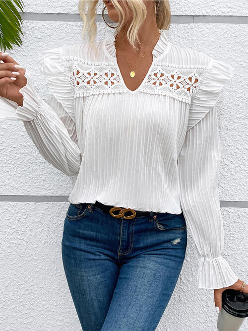 Textured Ruffle Trim Long Sleeve Blouse | 1mrk.com