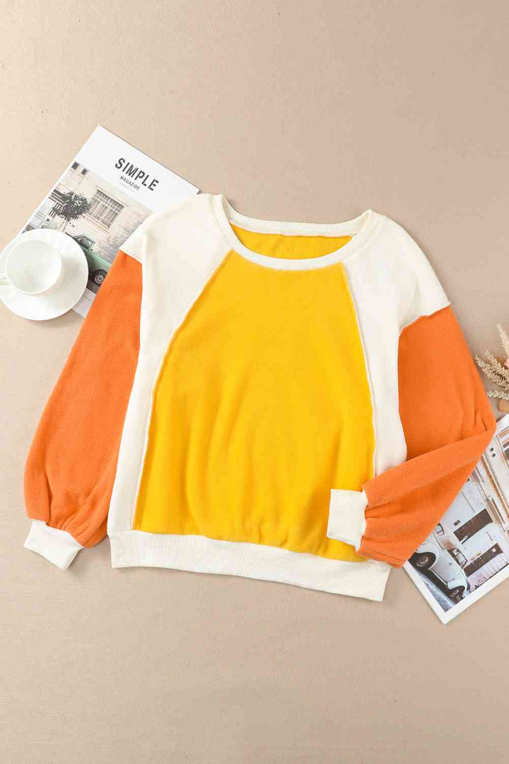 Round Neck Dropped Shoulder Color Block Sweatshirt |1mrk.com