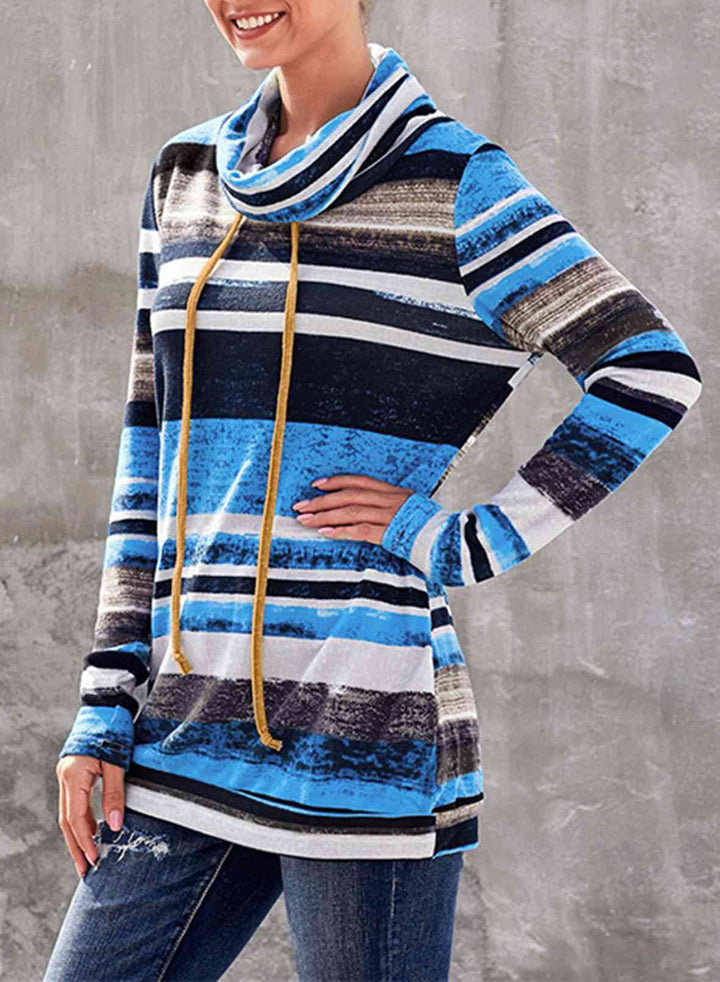 Striped Cowl Neck Tunic Sweatshirt |1mrk.com