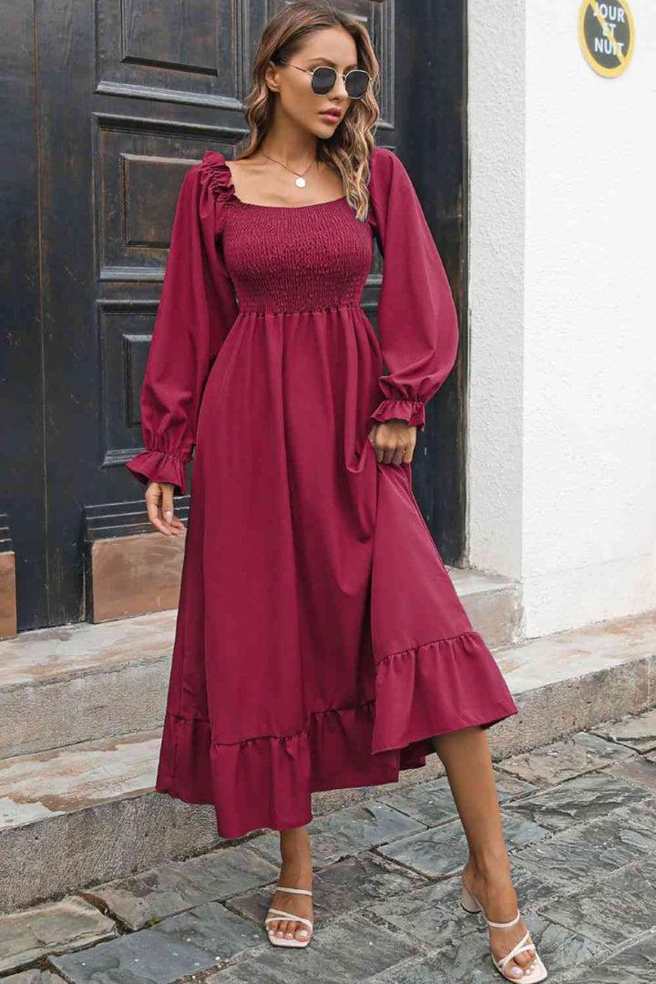 Smocked Ruffle Hem Flounce Sleeve Dress |1mrk.com