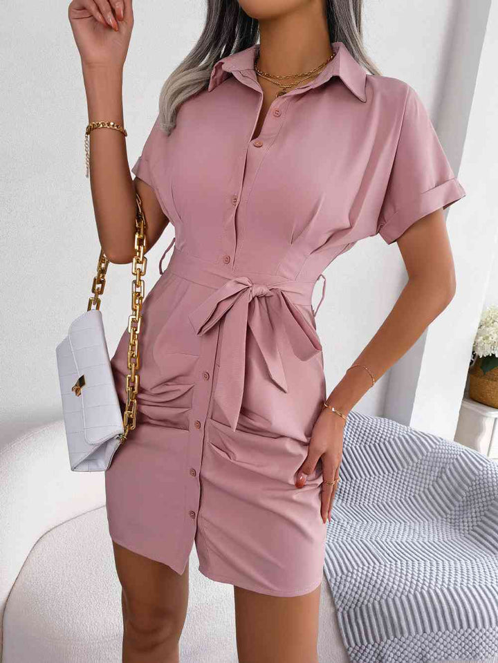 Button Down Ruched Tie Belt Dress |1mrk.com