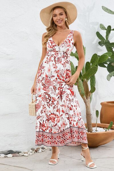 Printed V-Neck Wide Strap Dress |1mrk.com