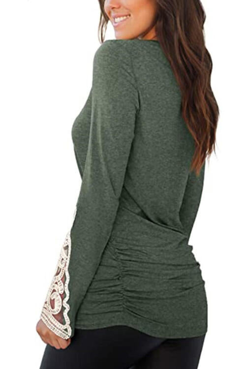 Lace Detail Long Sleeve Round Neck T-Shirt | 1mrk.com