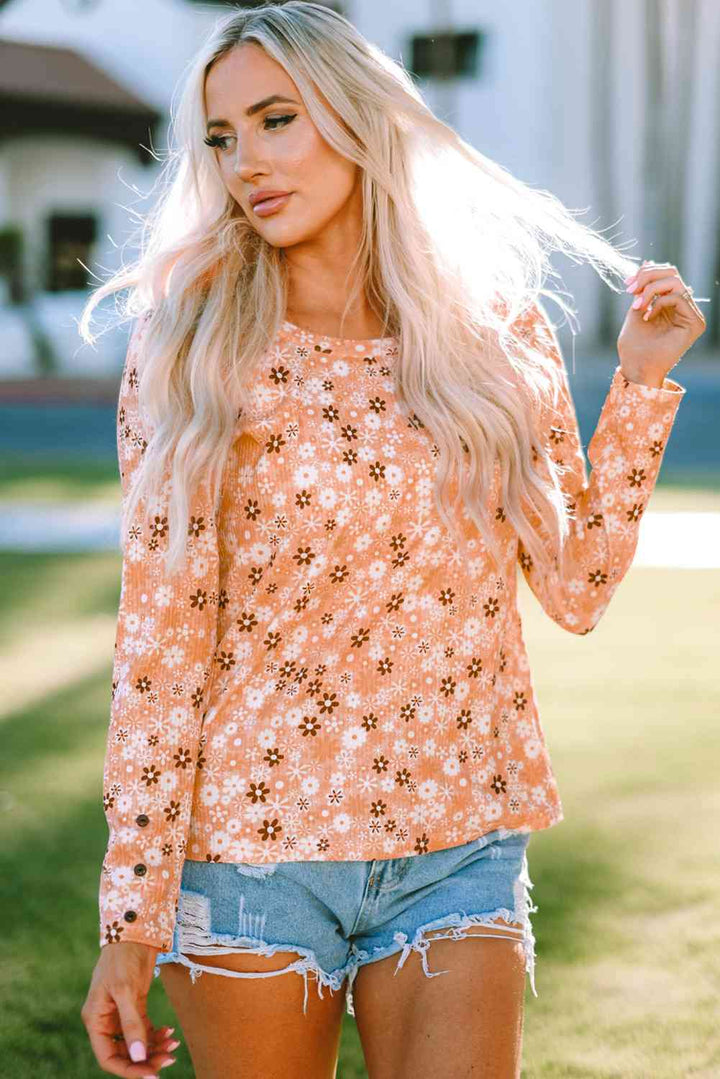 Floral Print Round Neck Long Sleeve Tee | 1mrk.com