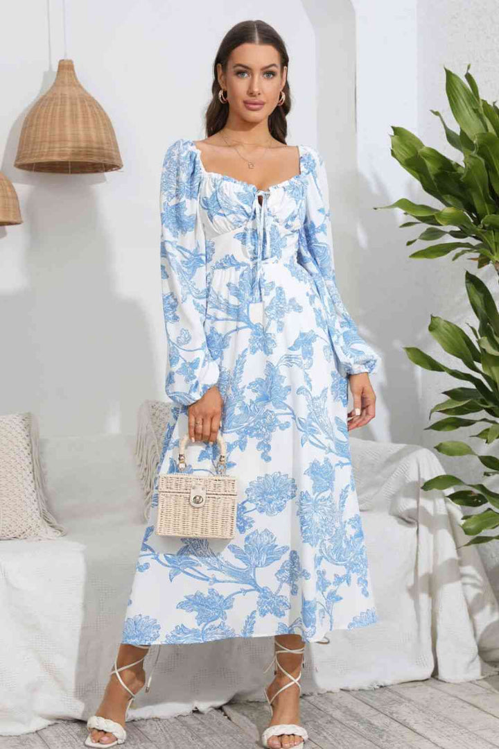 Floral Tie Front Sweetheart Neck Midi Dress |1mrk.com