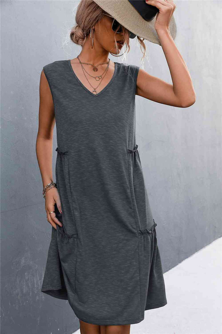 V-Neck Frill Trim Sleeveless Dress |1mrk.com