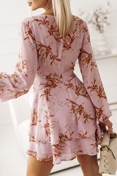 Printed Surplice Balloon Sleeve Mini Dress |1mrk.com