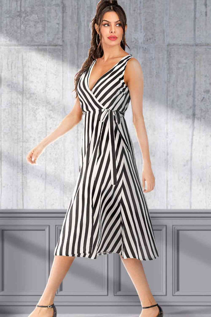 Striped Surplice Tied Sleeveless Dress |1mrk.com