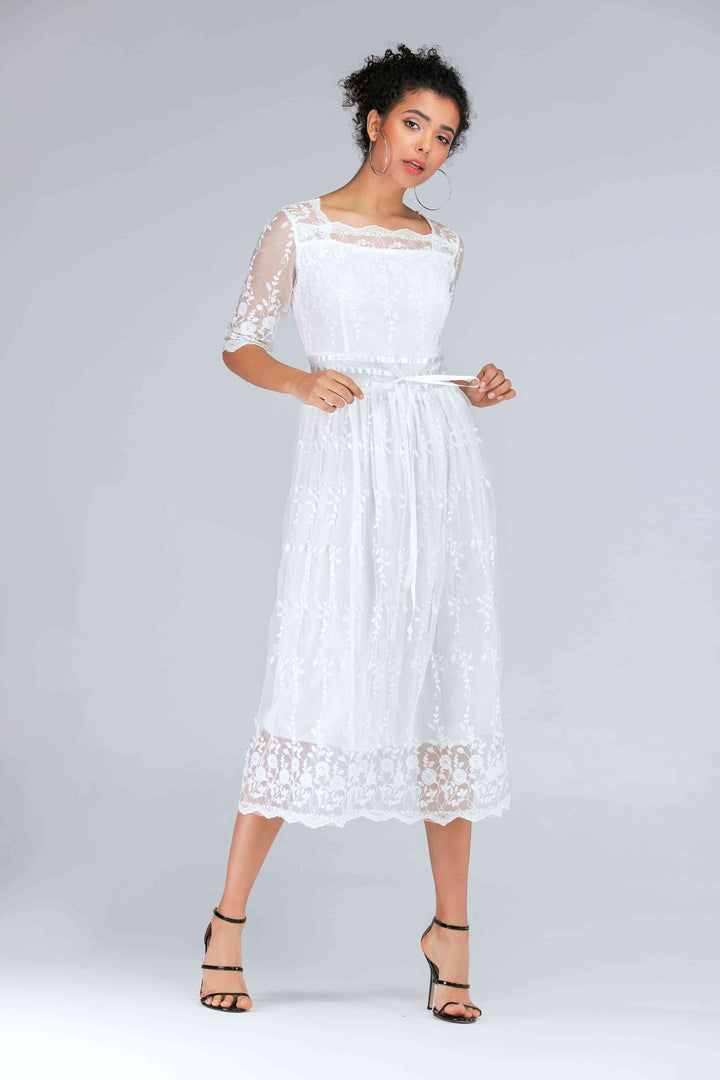 Scalloped Lace Half Sleeve Midi Dress |1mrk.com