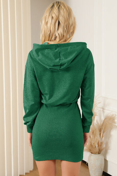 Half Zip Drawstring Hooded Mini Dress |1mrk.com