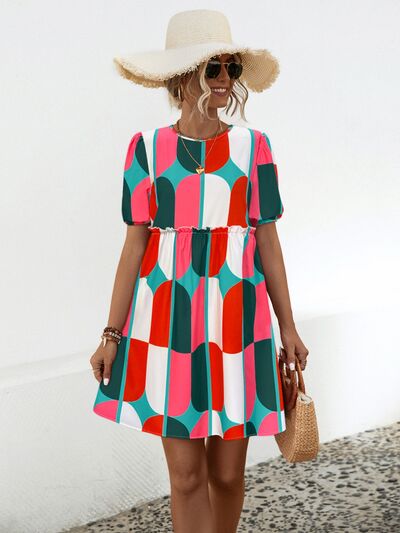 Geometric Frill Round Neck Short Sleeve Dress |1mrk.com