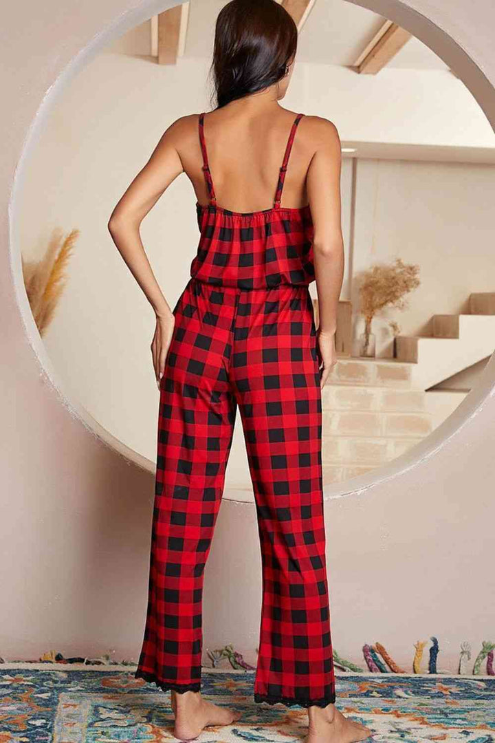 Plaid Lace Trim Spaghetti Strap Jumpsuit | 1mrk.com