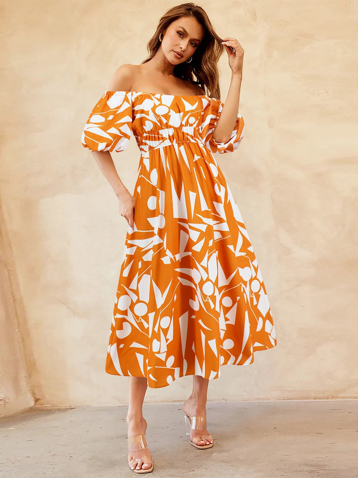 Printed Off-Shoulder Balloon Sleeve Dress | Trendsi