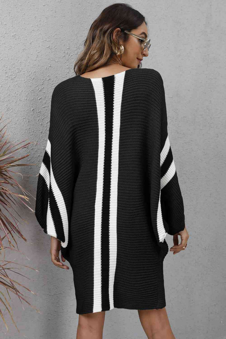 Ribbed Round Neck Long Sleeve Sweater Dress | 1mrk.com