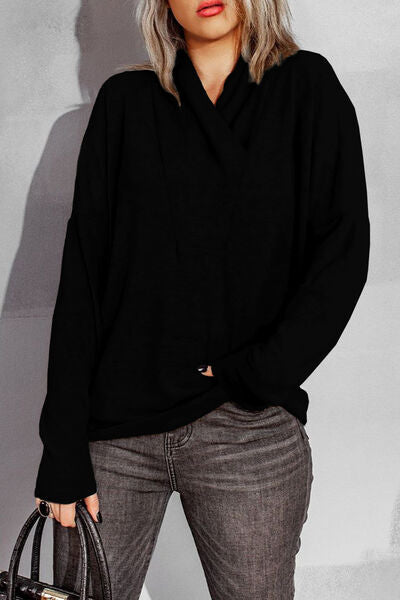 Surplice Dropped Shoulder Long Sleeve Sweater |1mrk.com