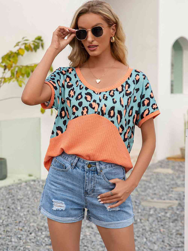 Leopard Waffle-Knit Short Sleeve Top | 1mrk.com