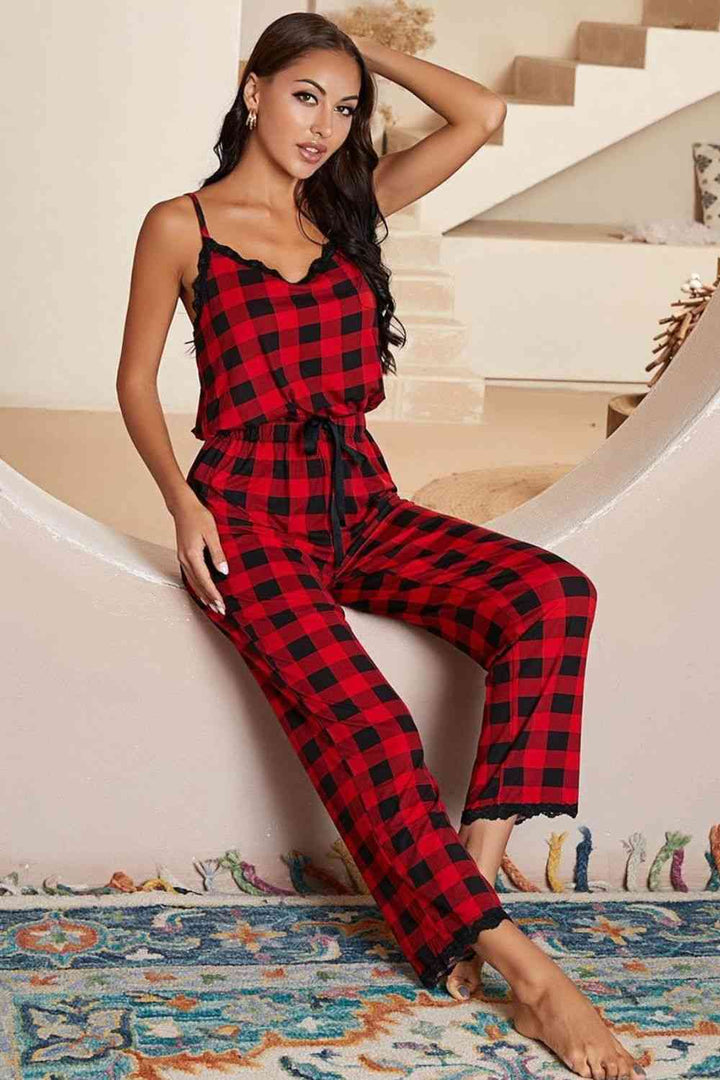 Plaid Lace Trim Spaghetti Strap Jumpsuit | 1mrk.com