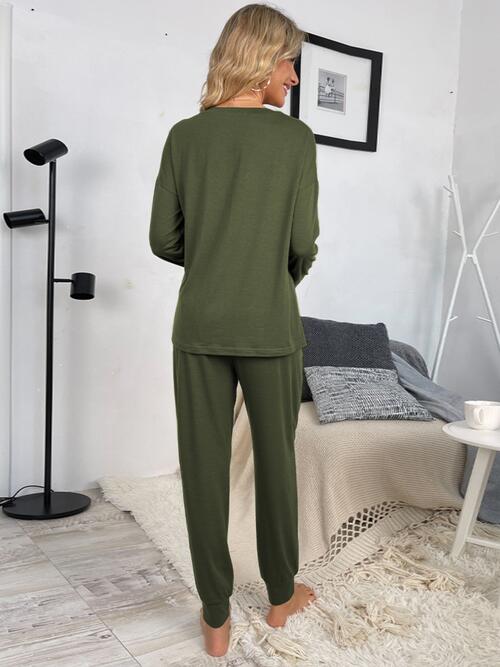 Round Neck Top and Drawstring Pants Lounge Set | 1mrk.com