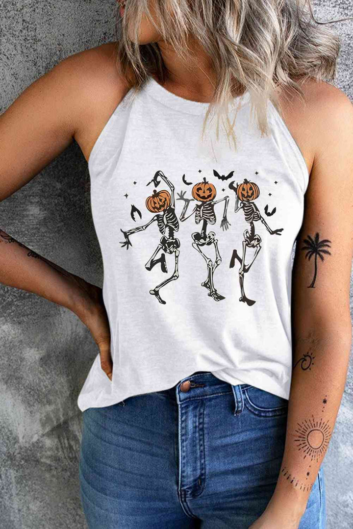 Round Neck Dancing Pumpkin Head Skeleton Graphic Tank | 1mrk.com