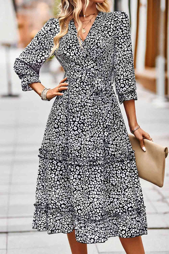 Leopard Surplice Tie Belt Slit Dress |1mrk.com