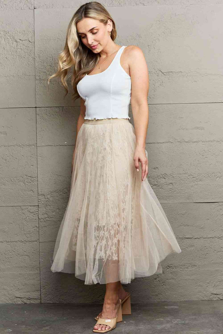 Ninexis Lace Flowy Midi Skirt |1mrk.com