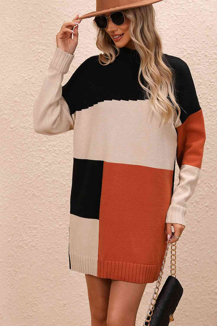 Color Block Mock Neck Dropped Shoulder Sweater Dress | 1mrk.com