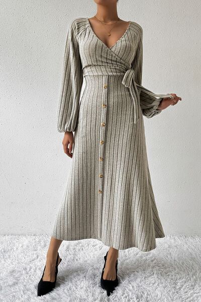 Surplice Tied Balloon Sleeve Midi Dress |1mrk.com