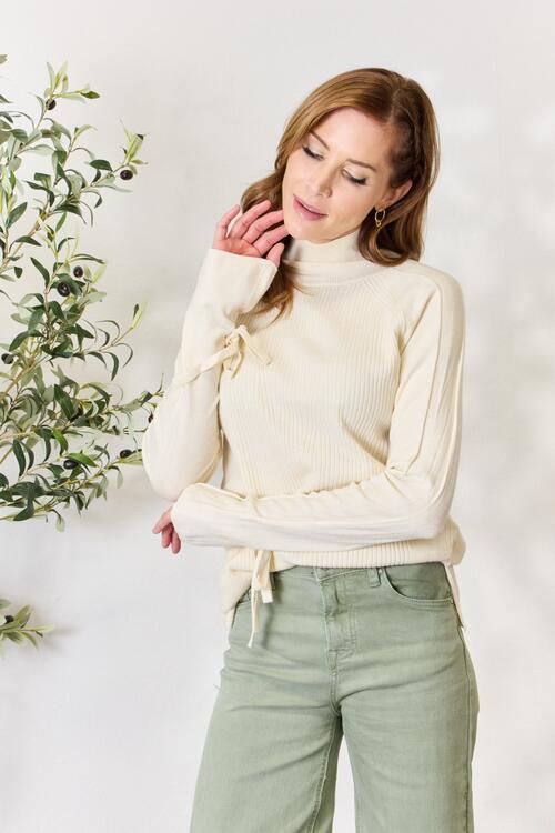 Heimish Full Size Ribbed Bow Detail Long Sleeve Turtleneck Knit Top |1mrk.com