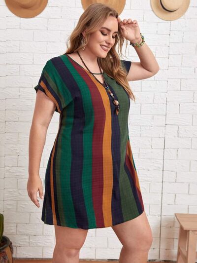 Plus Size Striped Short Sleeve Mini Dress | 1mrk.com