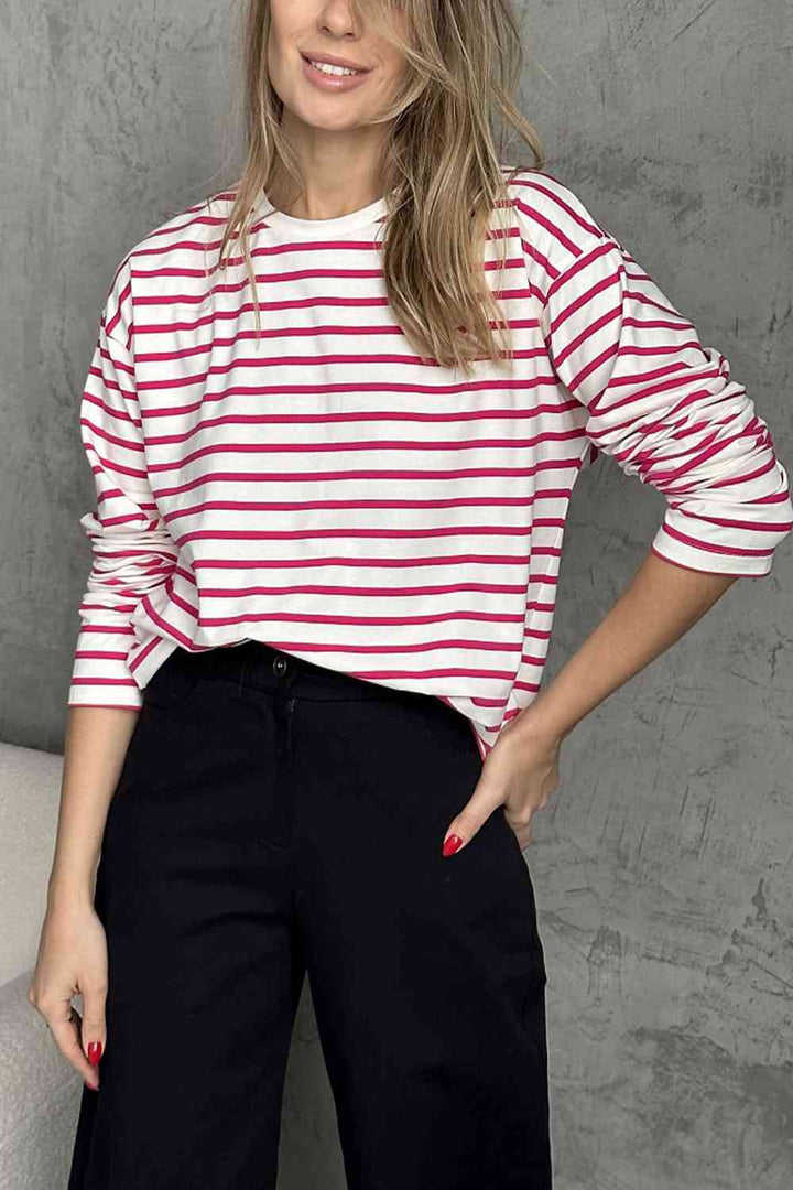 Round Neck Striped Dropped Shoulder T-Shirt | 1mrk.com