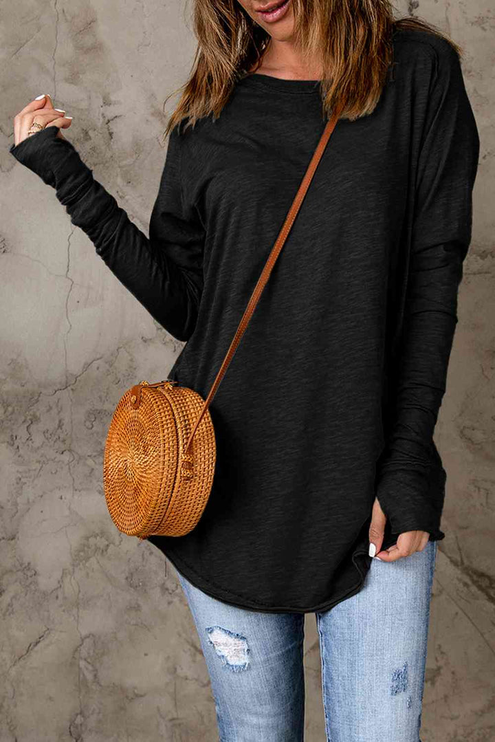 Thumbhole Long Sleeve Round Neck Top |1mrk.com