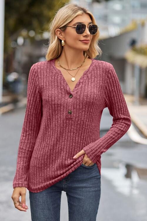 Ribbed Half Button Long Sleeve Knit Top | 1mrk.com