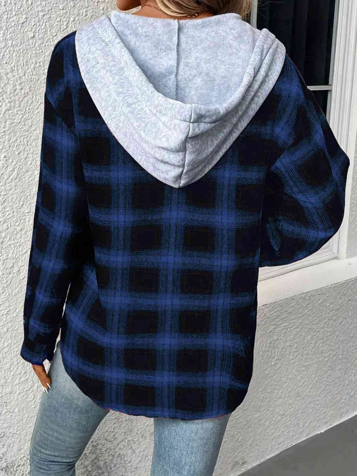 Plaid Drawstring Button Up Hooded Jacket |1mrk.com