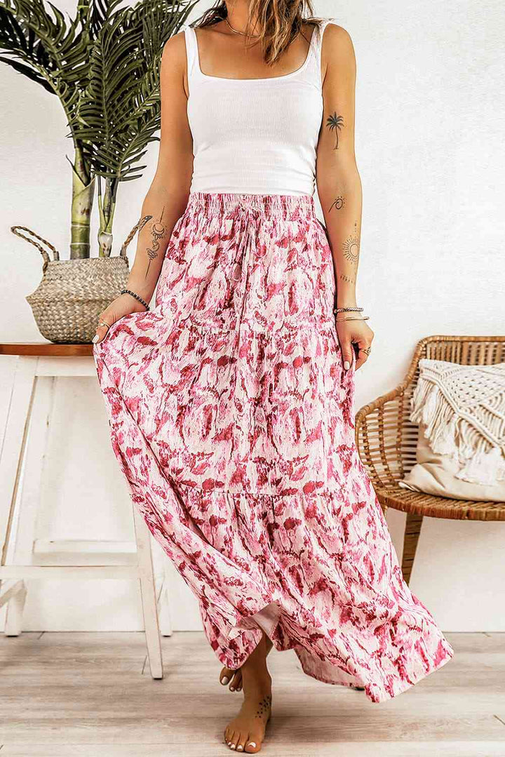 Printed Smocked Waist Maxi Skirt |1mrk.com