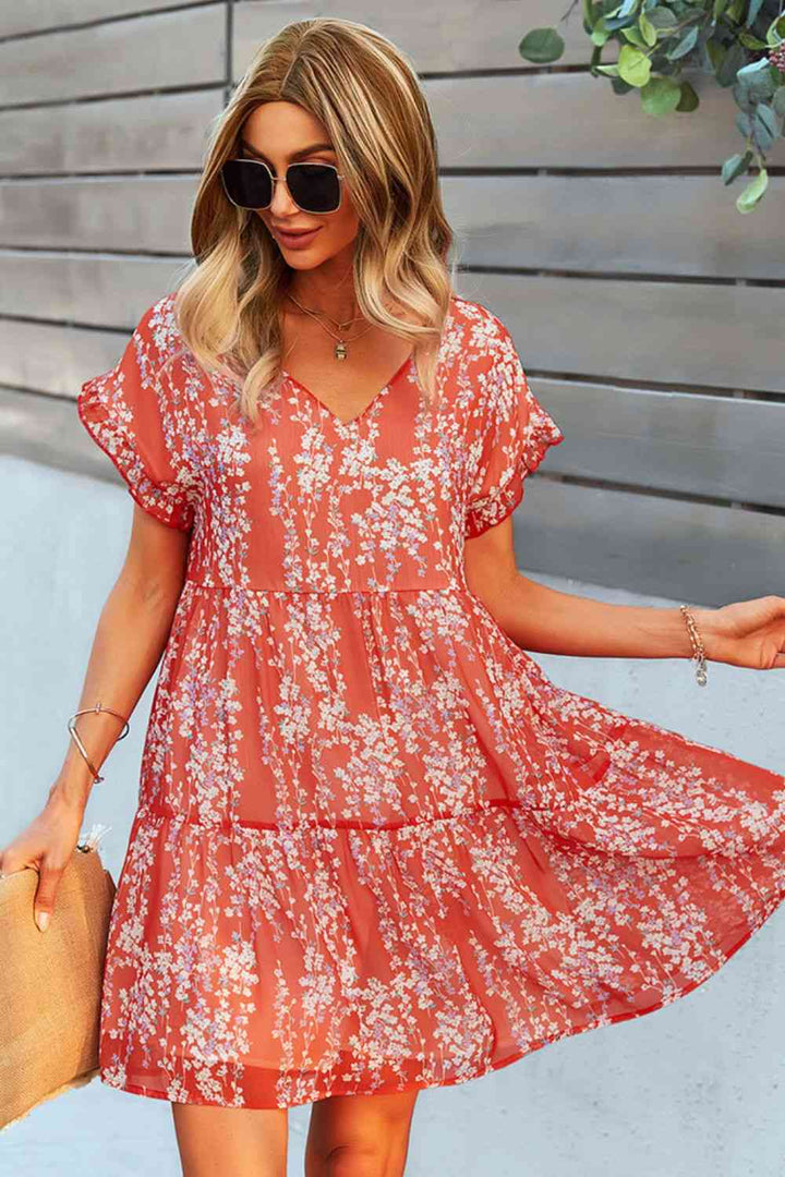 Printed V-Neck Short Sleeve Tiered Dress |1mrk.com