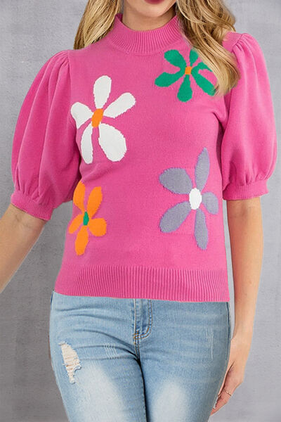 Flower Mock Neck Short Sleeve Sweater |1mrk.com